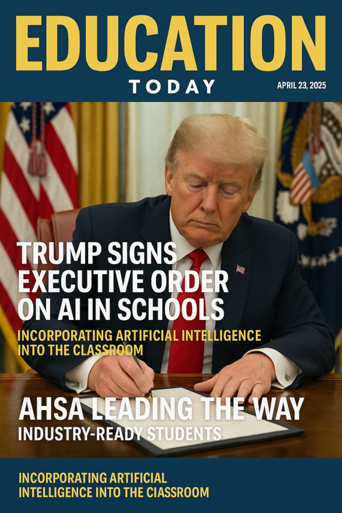 President Trumo sitting at a desk signing AI in School Executive Order