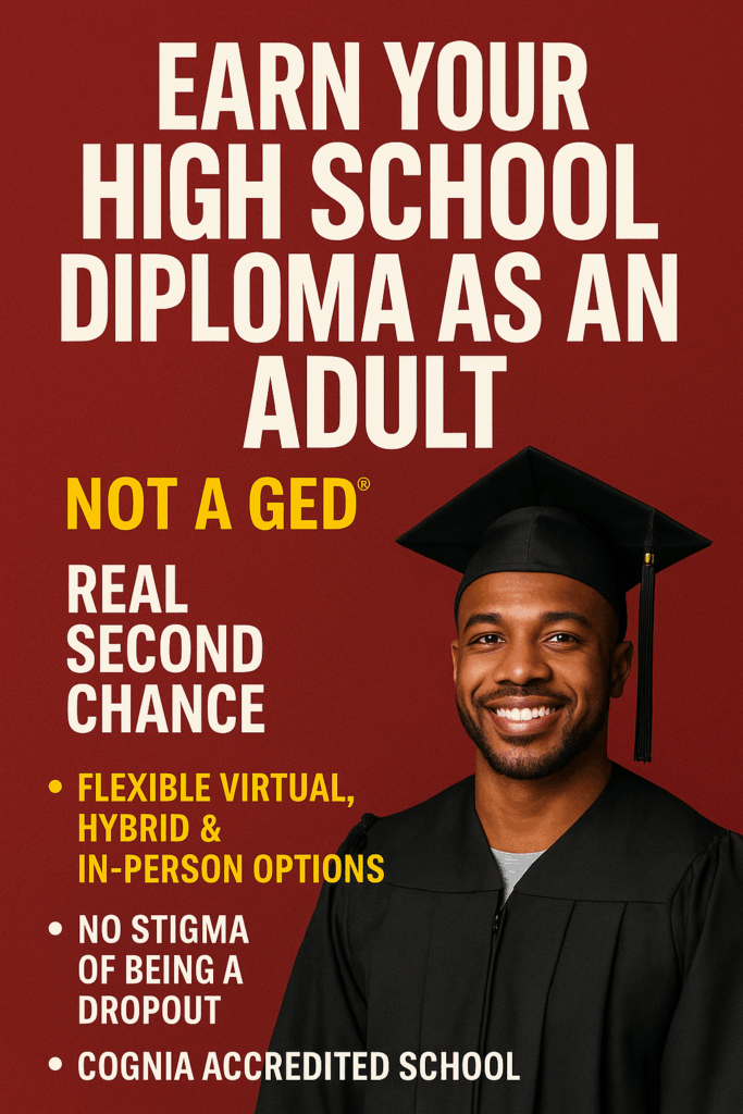 Smiling adult Black male graduate in cap and gown holding diploma, standing confidently in front of a bold red background. Text reads “Earn Your High School Diploma as an Adult – Not a GED®,” with highlights on flexible learning, Cognia® accreditation, and second chances.