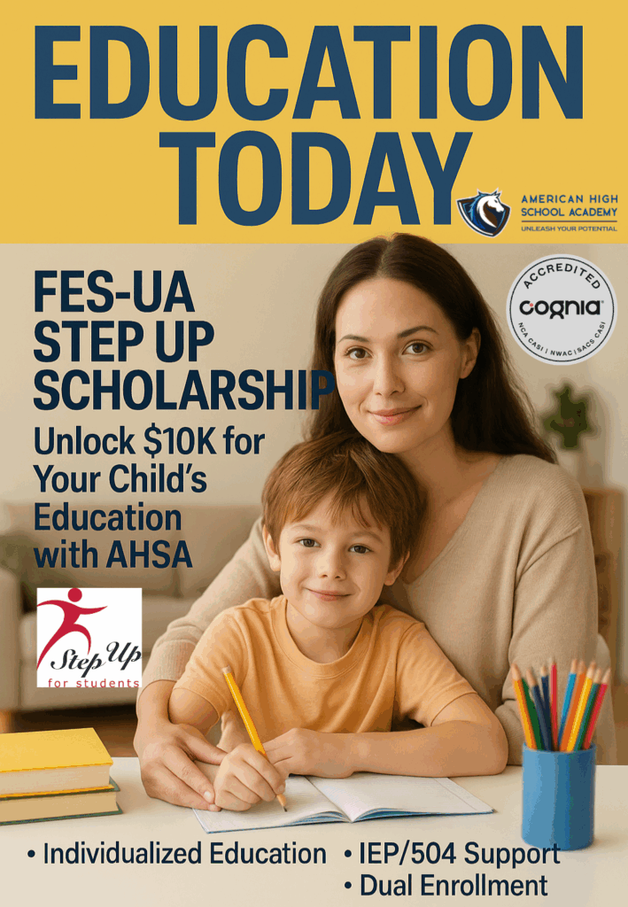 Mother with child receiving support through FES-UA Step Up Scholarship at American High School Academy, highlighting wraparound services, dual enrollment, and individualized education.