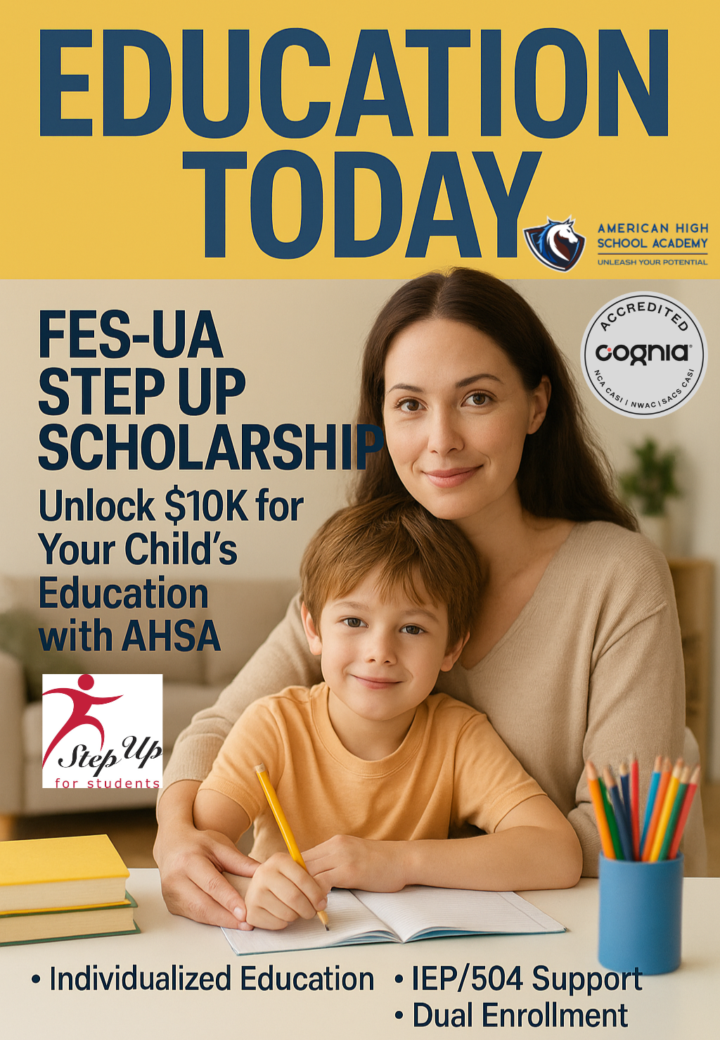Mother with child receiving support through FES-UA Step Up Scholarship at American High School Academy, highlighting wraparound services, dual enrollment, and individualized education.