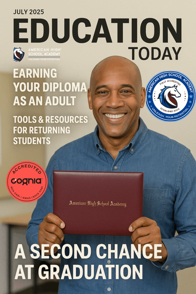 man smiling and holding a maroon diploma cover labeled "American High School Academy" on the cover of Education Today, July 2025 issue. Headlines read: "Earning Your Diploma as an Adult," "Tools & Resources for Returning Students," and "A Second Chance at Graduation." Adult High School Diploma
