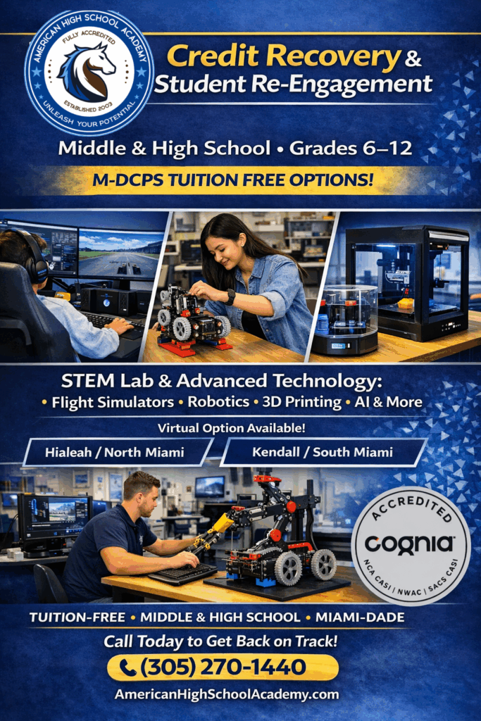 Credit recovery middle and high school Miami-Dade program offering M-DCPS tuition free education with STEM lab learning, student re-engagement, and in-person, hybrid, and virtual options