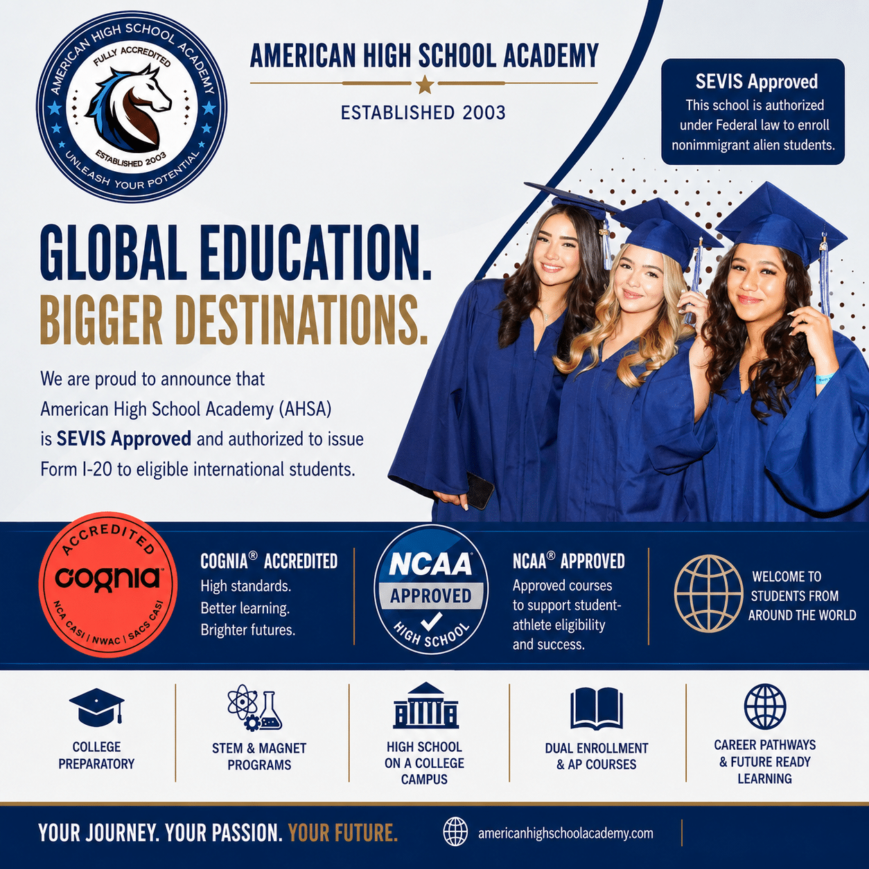 American High School Academy SEVIS Approved announcement featuring three graduates, Cognia accreditation, NCAA approval, and international student programs.